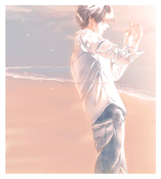 Anime picture 998x1109 with original re (artist) single tall image short hair open mouth standing signed outdoors profile grey hair sunlight border hair over eyes boy shirt white shirt sea jeans