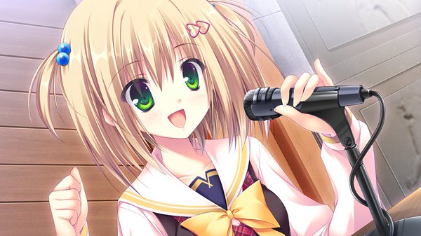 Anime picture 1024x576 with sugirly wish shirosaki hina short hair open mouth blonde hair wide image green eyes game cg loli girl hair ornament serafuku microphone heart hair ornament