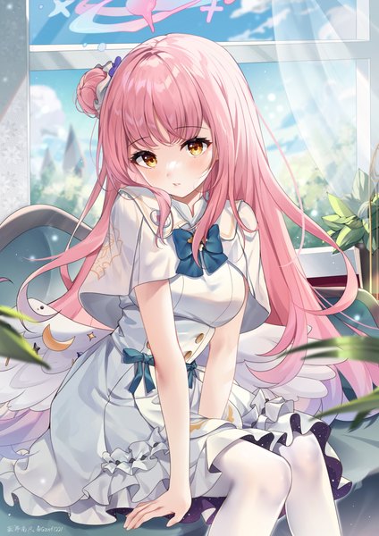 Anime-Bild 2896x4096 mit blue archive mika (blue archive) guzangnanfeng single long hair tall image blush fringe highres sitting signed yellow eyes looking away pink hair sky cloud (clouds) blunt bangs parted lips hair bun (hair buns) twitter username