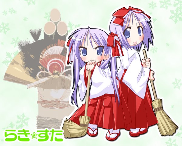 Anime picture 1280x1024 with lucky star kyoto animation hiiragi kagami hiiragi tsukasa japanese clothes miko girl