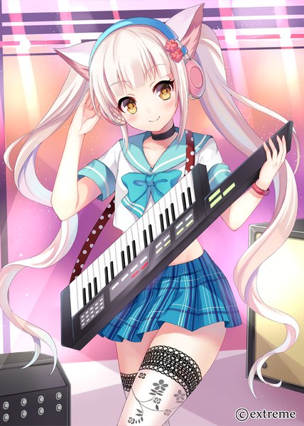 Anime picture 700x980 with momoiro taisen pairon original harimoji single long hair tall image blush fringe smile standing twintails holding brown eyes animal ears payot looking away white hair blunt bangs head tilt pleated skirt