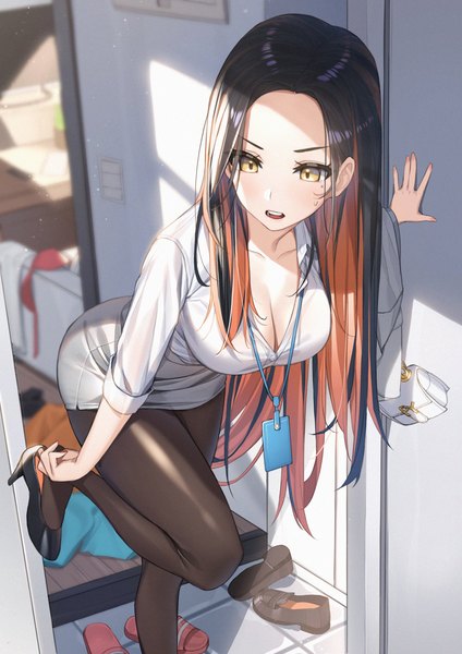 Anime picture 2480x3508 with original piyo (pixiv 2308057) single long hair tall image blush highres breasts open mouth light erotic black hair brown hair standing yellow eyes looking away multicolored hair mole two-tone hair leaning depth of field