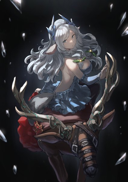 Anime picture 1358x1920 with original jojobirdz single long hair tall image fringe breasts blue eyes light erotic simple background large breasts sitting animal ears silver hair tail animal tail horn (horns) blurry back dark background