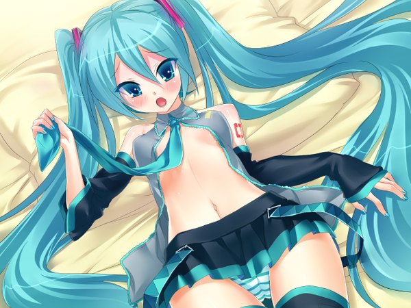 Anime picture 1280x960 with vocaloid hatsune miku hisashi (nekoman) blush open mouth light erotic twintails very long hair aqua eyes aqua hair midriff girl navel underwear panties detached sleeves miniskirt necktie