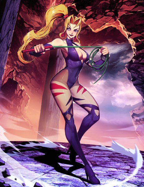 Anime picture 766x992 with genzoman single long hair tall image breasts light erotic blonde hair smile large breasts standing purple eyes bare shoulders looking away cloud (clouds) bent knee (knees) ponytail shadow high heels lipstick rock