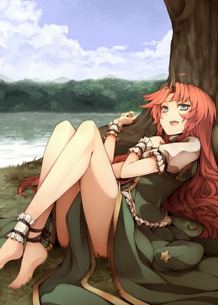 Anime picture 777x1087 with touhou hong meiling uruu gekka single long hair tall image looking at viewer open mouth sitting ahoge red hair barefoot aqua eyes puffy sleeves legs chinese clothes hat removed lake girl dress