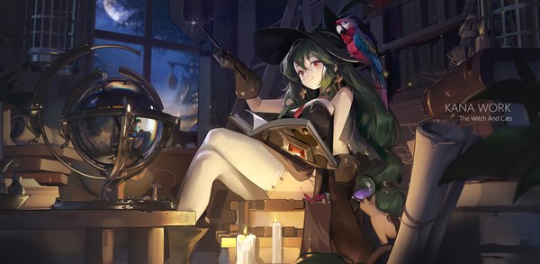 Anime picture 1920x939 with original tracyton single long hair looking at viewer blush fringe highres smile hair between eyes red eyes wide image sitting sky indoors head tilt green hair night crossed legs text