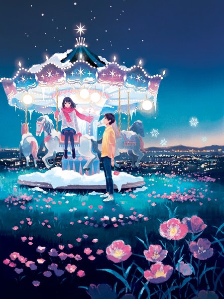 Anime picture 600x800 with original yuuko (nora0x0) long hair tall image short hair black hair standing sitting full body outdoors profile black eyes night couple snow city lights girl boy flower (flowers) scarf