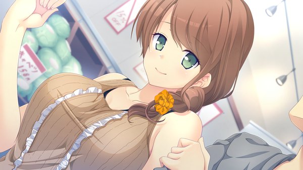 Anime picture 1280x720 with kanojo step yanagi asuka single long hair looking at viewer smile brown hair wide image green eyes game cg girl sundress