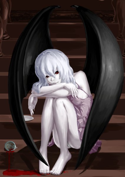 Anime picture 2894x4093 with touhou remilia scarlet feitie (artist) single long hair tall image highres light erotic red eyes sitting bare shoulders silver hair barefoot realistic legs bat wings vampire girl dress underwear