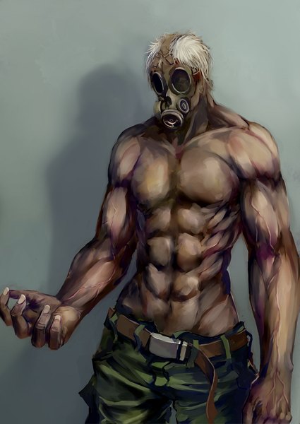 Anime picture 881x1245 with original jittsu single tall image short hair simple background white hair shadow muscle boy uniform belt pants military uniform gas mask