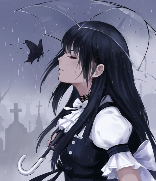 Anime picture 2480x2872 with original sc068 single long hair tall image fringe highres black hair hair between eyes holding payot upper body outdoors eyes closed profile light smile wind puffy sleeves rain freckles