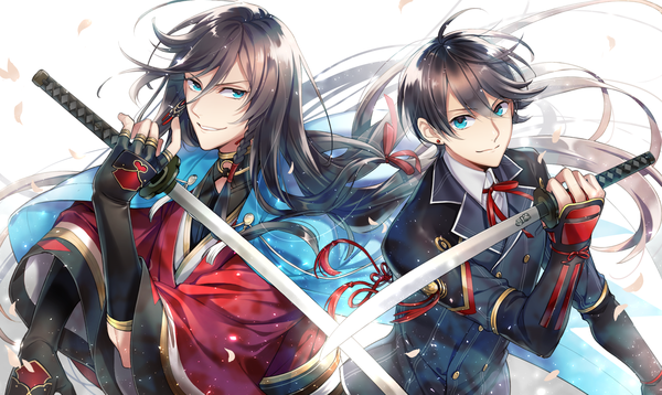 イラスト 2000x1195 と 刀剣乱舞 nitroplus 和泉守兼定 堀川国広 縞 カメラ目線 前髪 highres 短い髪 青い目 黒髪 hair between eyes wide image holding 三つ編み very long hair from above 風 multiple boys piercing