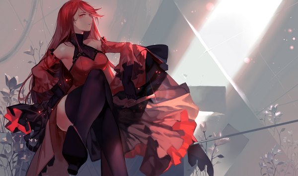 Anime picture 1920x1134 with original pixiv fantasia pixiv fantasia t joseph lee single long hair looking at viewer highres red eyes wide image sitting red hair high heels crossed legs girl thighhighs dress flower (flowers) weapon black thighhighs