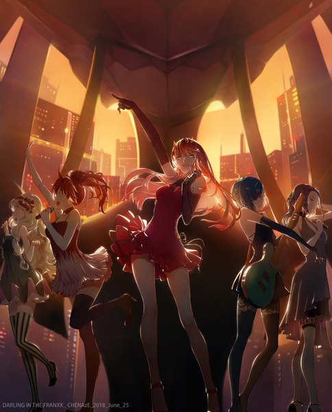 Anime picture 1652x2048 with darling in the franxx studio trigger zero two (darling in the franxx) ichigo (darling in the franxx) kokoro (darling in the franxx) miku (darling in the franxx) ikuno (darling in the franxx) chenaze57 long hair tall image looking at viewer fringe short hair open mouth blonde hair smile brown hair standing bare shoulders multiple girls