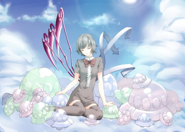 Anime picture 2200x1571 with touhou houjuu nue highres short hair red eyes sky cloud (clouds) grey hair girl thighhighs bow wings spacecraft directional arrow ufo flying saucer