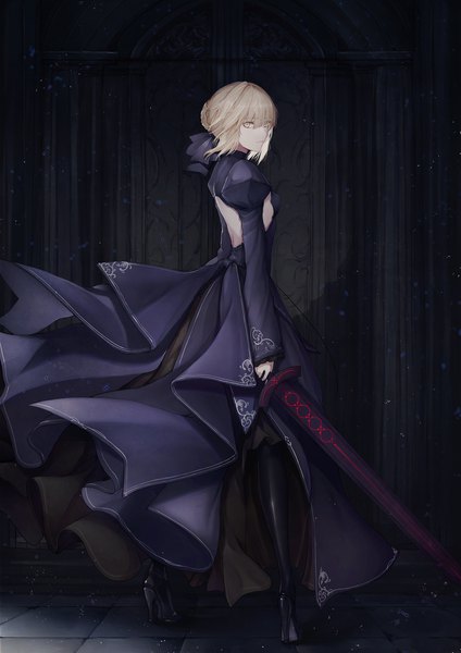 Anime picture 1302x1841 with fate (series) fate/stay night artoria pendragon (all) saber alter marumoru single tall image looking at viewer fringe short hair blonde hair hair between eyes standing holding yellow eyes payot full body long sleeves hair bun (hair buns) high heels