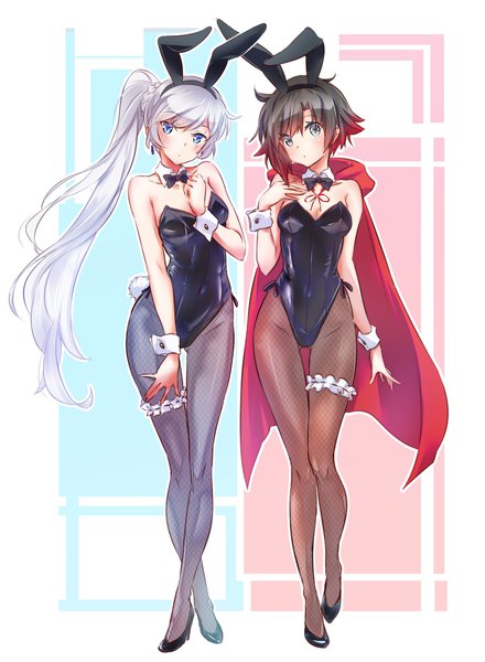 Anime picture 1386x1890 with rwby rooster teeth ruby rose weiss schnee iesupa long hair tall image looking at viewer short hair breasts blue eyes light erotic black hair simple background standing white background bare shoulders multiple girls animal ears cleavage