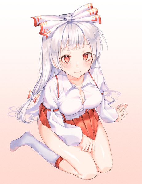 Anime picture 1200x1560 with touhou fujiwara no mokou cha chya single long hair tall image blush breasts light erotic simple background red eyes sitting silver hair full body from above arm support embarrassed no shoes gradient background open collar