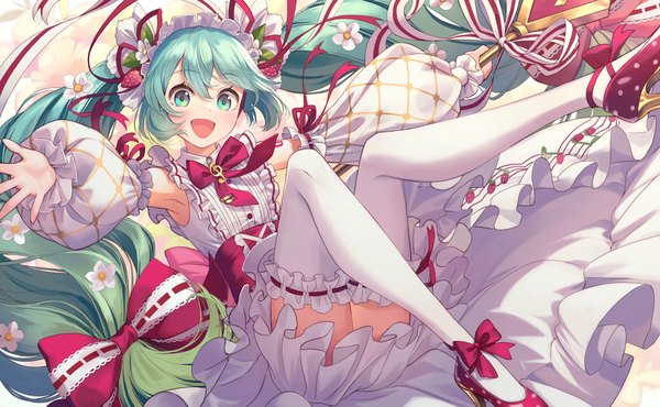 Anime picture 1215x750 with vocaloid hatsune miku strawberry miku (morikura) kuze kaname single looking at viewer fringe open mouth hair between eyes wide image twintails very long hair :d hair flower aqua eyes aqua hair high heels spread arms treble clef girl