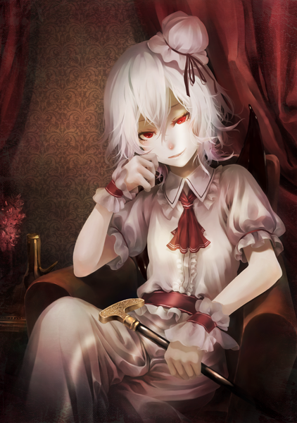 Anime picture 1056x1500 with touhou remilia scarlet akaikitsune single tall image looking at viewer short hair red eyes sitting white hair crossed legs pale skin bat wings vampire girl skirt hair ornament wings frills curtains