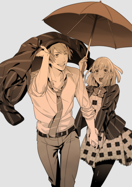 Anime picture 2480x3508 with uta no prince-sama a-1 pictures nanami haruka (uta no prince-sama) ittoki otoya haruno ake tall image blush highres short hair open mouth blonde hair simple background smile long sleeves one eye closed grey background embarrassed holding hands plaid skirt striped