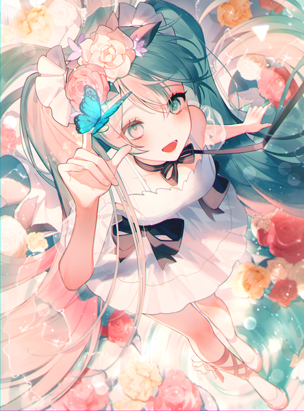 Anime picture 2000x2700 with vocaloid miku with you (vocaloid) hatsune miku roa waengwal single tall image looking at viewer blush fringe highres open mouth smile hair between eyes twintails bare shoulders upper body very long hair :d arm up hair flower