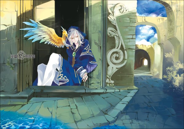 Anime picture 1248x876 with original hasaki (pixiv) single long hair sitting white hair shadow orange eyes city rain fantasy boy animal water bird (birds) pendant hood