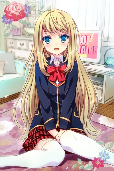 Anime picture 668x1000 with girlfriend (kari) chloe lemaire nyoronyoro single long hair tall image looking at viewer blush open mouth blue eyes blonde hair sitting indoors girl thighhighs skirt uniform flower (flowers) school uniform white thighhighs