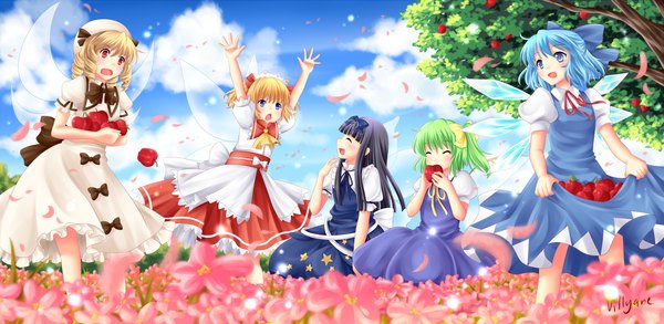 Anime picture 1861x909 with touhou cirno daiyousei star sapphire luna child sunny milk villyane long hair blush highres short hair open mouth blue eyes black hair blonde hair red eyes wide image multiple girls blue hair cloud (clouds)