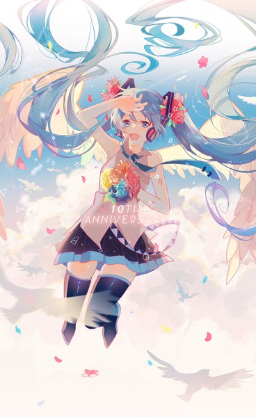 Anime picture 1090x1776 with vocaloid hatsune miku omutatsu single tall image open mouth blue eyes twintails blue hair sky cloud (clouds) full body bent knee (knees) very long hair hair flower wind zettai ryouiki hand on head anniversary girl