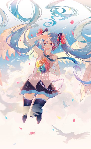 Anime-Bild 1090x1776 mit vocaloid hatsune miku omutatsu single tall image open mouth blue eyes twintails blue hair sky cloud (clouds) full body bent knee (knees) very long hair hair flower wind zettai ryouiki hand on head anniversary girl