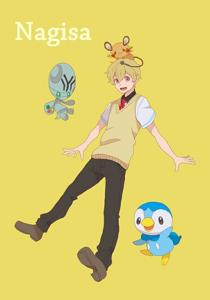 Anime picture 827x1182 with pokemon free! pokemon xy kyoto animation nintendo hazuki nagisa piplup dedenne elgyem ronisuke single tall image short hair open mouth simple background blonde hair pink eyes character names yellow background crossover