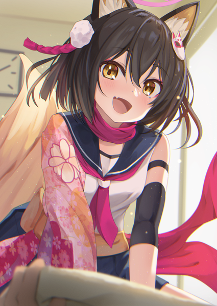Anime picture 1275x1800 with blue archive izuna (blue archive) akabane hibame single tall image looking at viewer blush fringe short hair open mouth hair between eyes brown hair sitting animal ears yellow eyes indoors :d fang (fangs) floral print girl