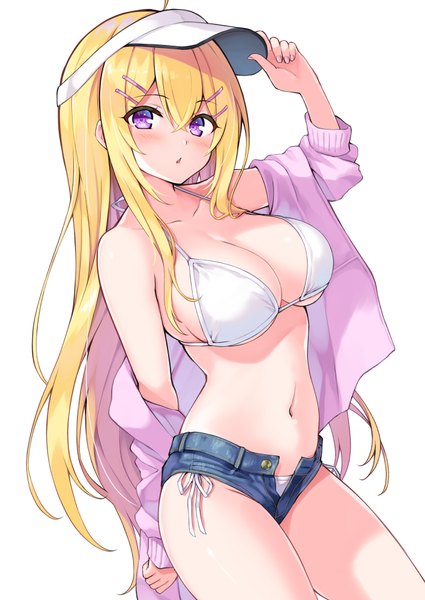 Anime picture 708x1000 with cu-no hakurei botan hisenkaede single long hair tall image looking at viewer blush fringe breasts open mouth light erotic blonde hair simple background hair between eyes large breasts standing white background purple eyes bare shoulders