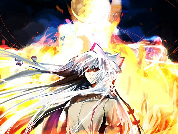 Anime picture 1024x768 with touhou fujiwara no mokou popoin single long hair red eyes silver hair very long hair wind night night sky explosion girl hair ornament bow hair bow fire