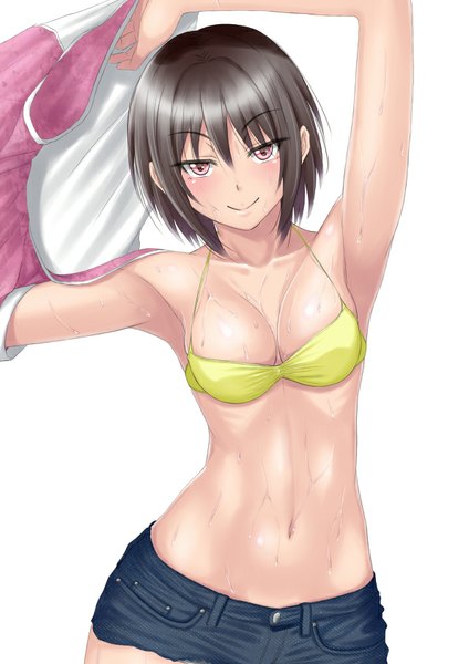 Anime picture 595x841 with original muffin (sirumeria) single tall image looking at viewer breasts light erotic black hair simple background smile white background pink eyes girl navel swimsuit bikini shorts