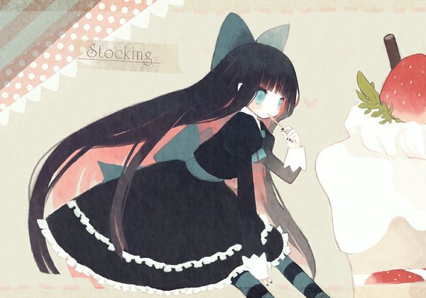 Anime picture 1170x818 with panty & stocking with garterbelt anarchy stocking kashiwaba hisano single long hair blue eyes black hair nail polish multicolored hair colored inner hair girl thighhighs dress bow hair bow food striped thighhighs berry (berries) strawberry