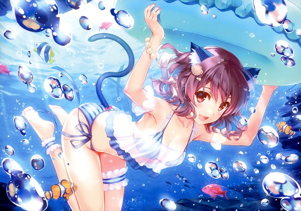 Anime-Bild 5449x3836 mit original misaki kurehito single looking at viewer blush fringe highres short hair breasts open mouth light erotic smile hair between eyes red eyes brown hair holding animal ears absurdres cleavage tail