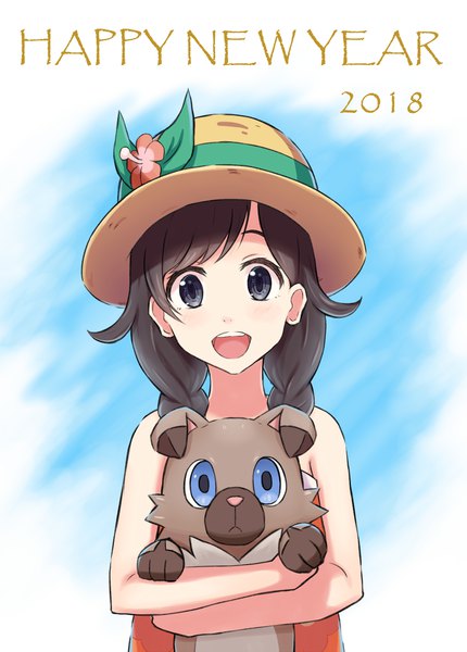 Anime picture 824x1149 with pokemon pokemon (game) pokemon ultra sm nintendo selene (pokemon) rockruff na o single long hair tall image looking at viewer open mouth black hair holding upper body braid (braids) :d black eyes twin braids new year