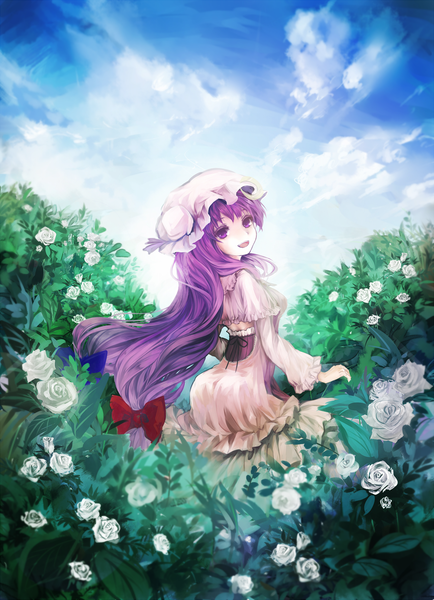 Anime picture 1311x1812 with touhou patchouli knowledge chagu single long hair tall image open mouth purple eyes purple hair cloud (clouds) looking back girl dress flower (flowers) bow hair bow rose (roses) bonnet white rose