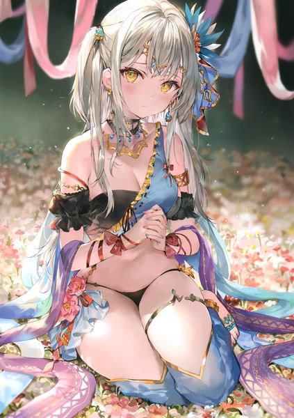 Anime picture 2083x2952 with original momoko (momopoco) single long hair tall image looking at viewer blush fringe highres breasts light erotic large breasts sitting bare shoulders yellow eyes cleavage silver hair full body nail polish fingernails