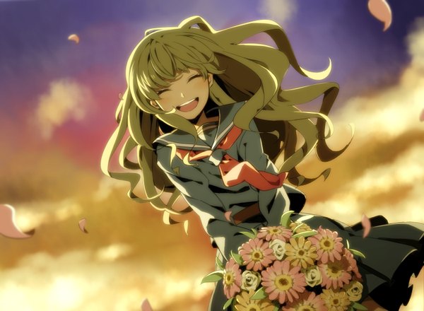 Anime picture 1500x1100 with original sayu (pixiv799519) single long hair blush open mouth blonde hair smile cloud (clouds) eyes closed evening sunset girl flower (flowers) petals serafuku bouquet