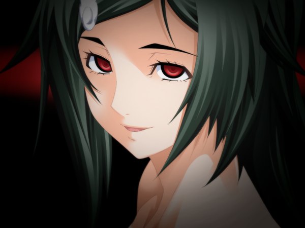 Anime picture 1024x768 with kansen5 (game) single looking at viewer short hair black hair smile red eyes bare shoulders game cg parted lips portrait shaded face empty eyes girl hair ornament hairclip