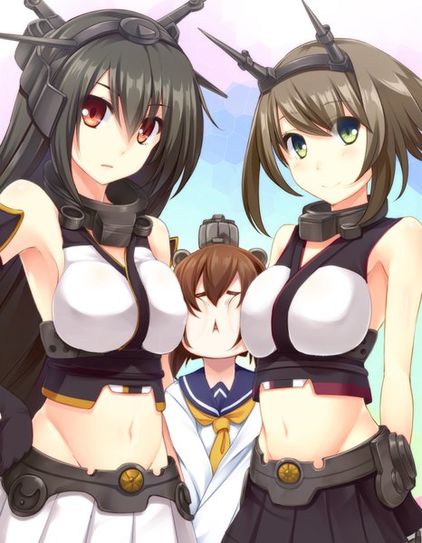 Anime picture 1400x1800 with kantai collection nagato battleship mutsu battleship yukikaze destroyer yukikaze (kantai collection) soranopin long hair tall image looking at viewer blush short hair breasts black hair smile red eyes large breasts bare shoulders multiple girls green eyes midriff