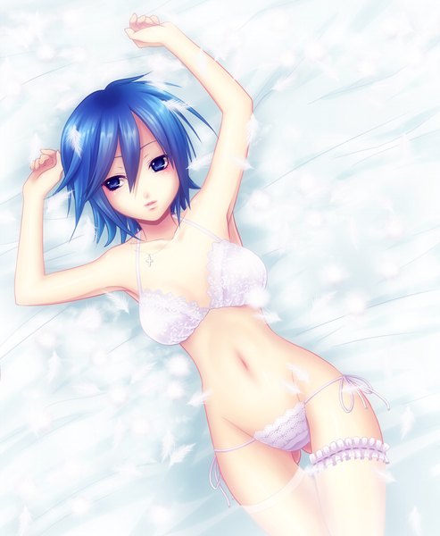 Anime picture 1024x1245 with kingdom hearts square enix aqua (kingdom hearts) kyrie (artist) single tall image fringe short hair blue eyes light erotic hair between eyes blue hair underwear only ass visible through thighs girl thighhighs navel underwear panties white thighhighs