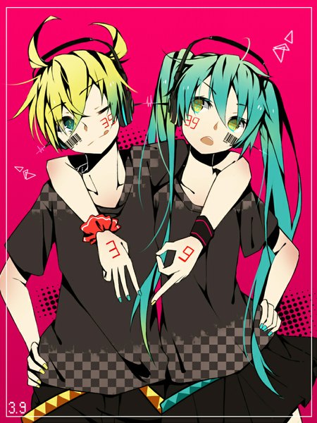 Anime picture 800x1066 with vocaloid hatsune miku kagamine len fuuko (2679566944) long hair tall image short hair open mouth blonde hair smile twintails green eyes looking away ahoge nail polish one eye closed wink aqua hair couple hand on hip