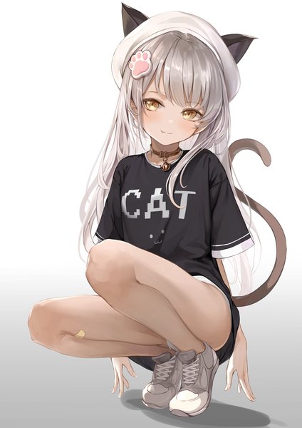 Anime picture 2896x4096 with original dampi single long hair tall image looking at viewer blush fringe highres simple background smile animal ears yellow eyes silver hair full body tail blunt bangs animal tail cat ears cat girl