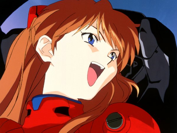 Anime picture 1024x768 with neon genesis evangelion gainax soryu asuka langley single long hair open mouth blue eyes red hair looking back pilot suit