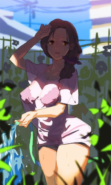 Anime picture 570x950 with idolmaster idolmaster cinderella girls kawashima mizuki ekao single long hair tall image light erotic brown hair standing brown eyes sunlight girl underwear panties plant (plants) water lingerie bra building (buildings)